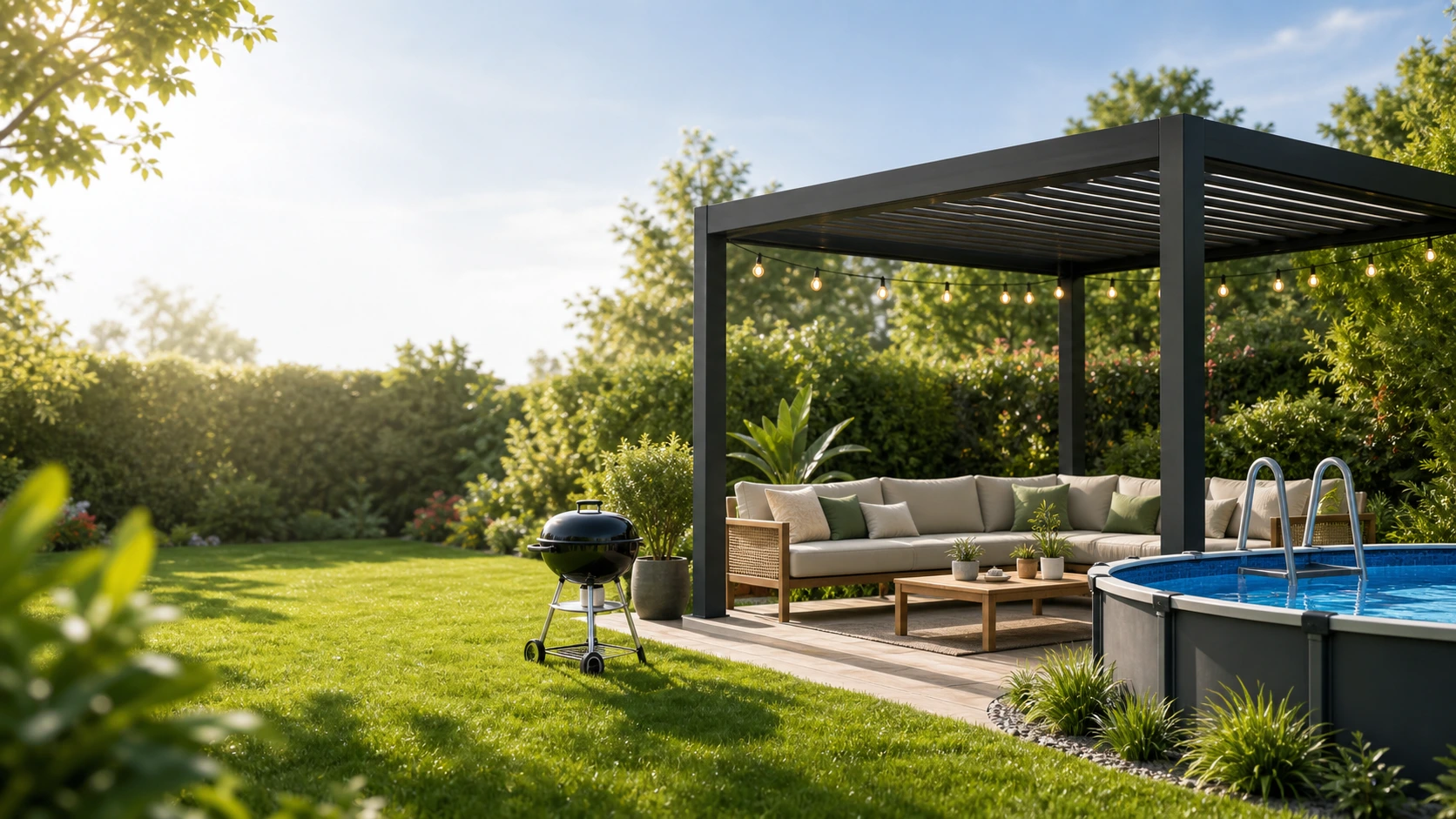 Pergola, salon de jardin et piscine dans un extérieur aménagé